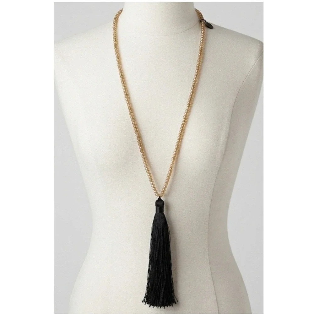Zacasha Champagne Crystal Beaded Tassel Necklace Black Boho Long 38 in long